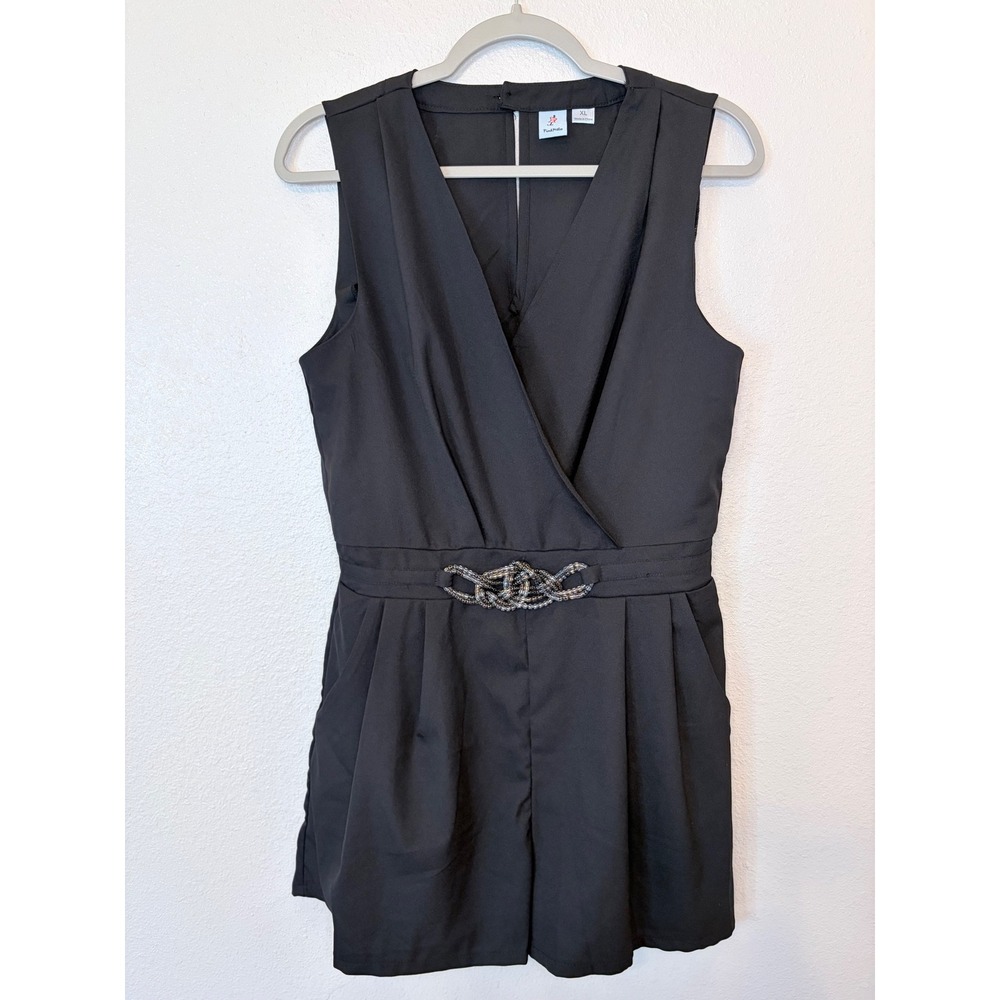 Pink Praline Black Sleeveless Romper V-Neck Rhinestone Chain Detail XL